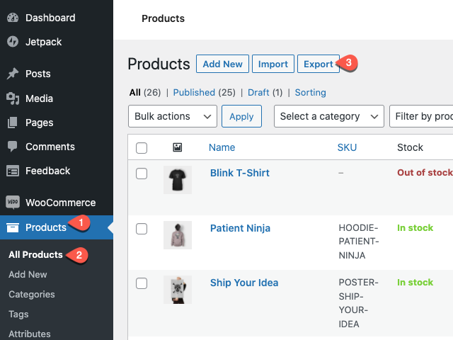 Accessing WooCommerce Export option