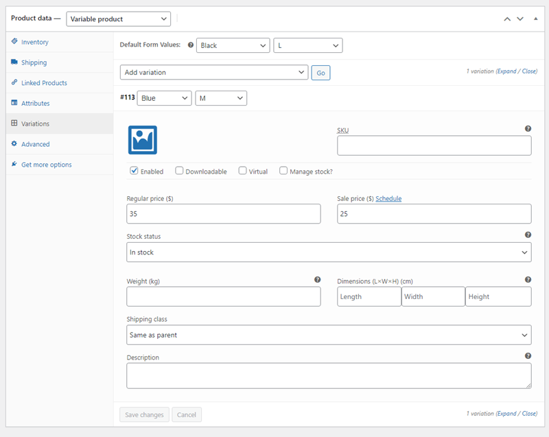 Creating a product variation for WooCommerce products
