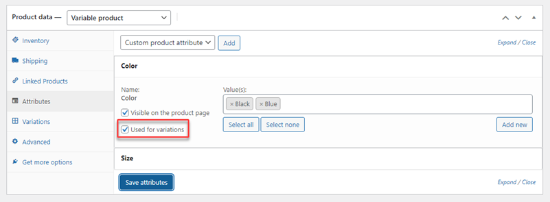 Creating variations in the attributes tab of WooCommerce product