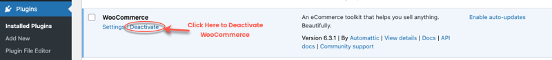 Deactivating WooCommerce