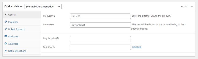 External or affiliate product data section WooCommerce