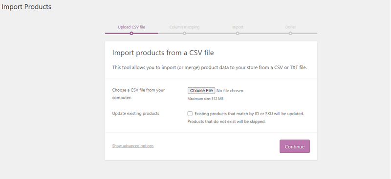 Import product window of WooCommerce