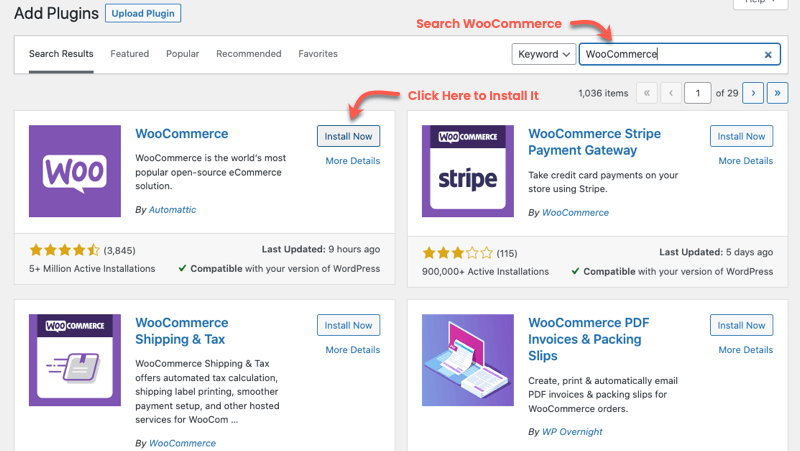 Installing WooCommerce from WordPress dashboard