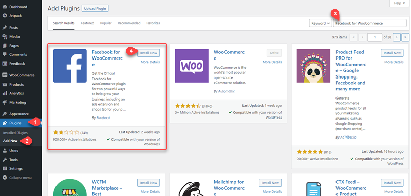 Installing the Facebook plugin for WooCommerce