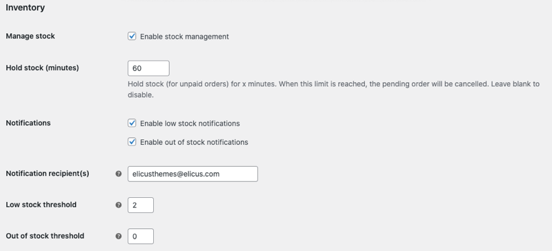 Inventory options for WooCommerce products to configure