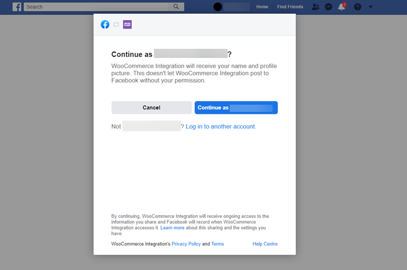 Log in to Facebook account to connect WooCommerce
