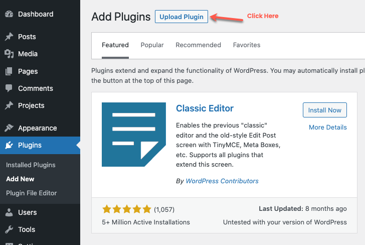 Opening Upload area to install plugin in WordPress