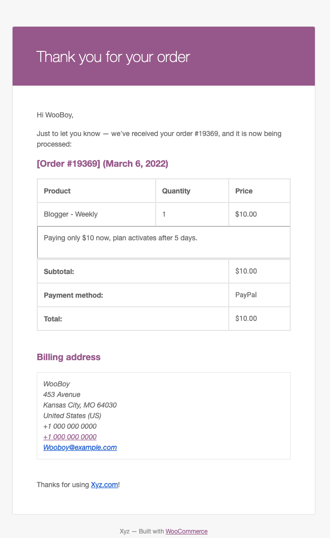 Order received email from WooCommerce