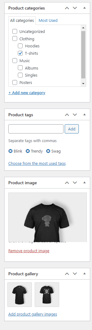 Product category, image, tag, and gallery options