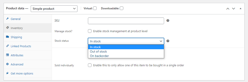 Simple product inventory options