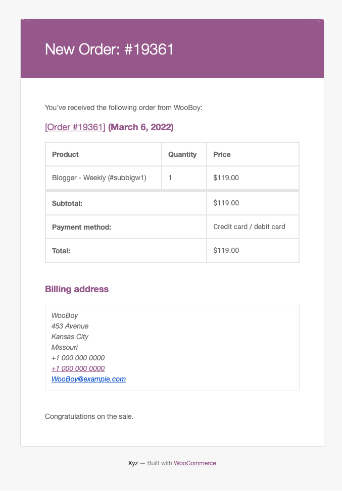 WooCommerce emails notifying store owner