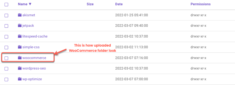 Installed WooCommerce folder inside File manager