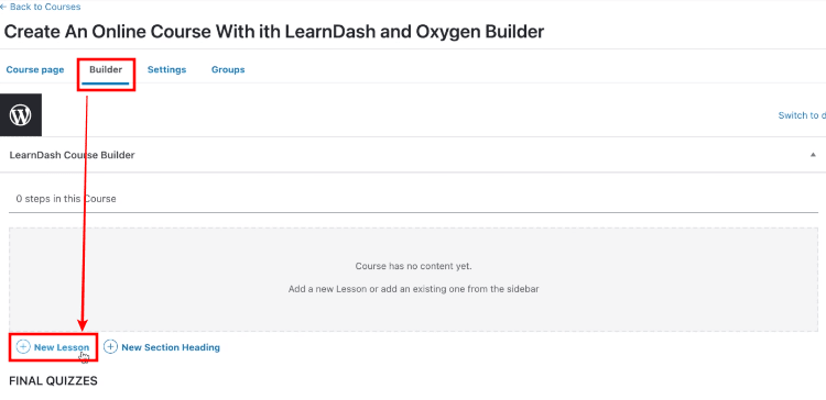 Accessing LearnDash builder to create a course