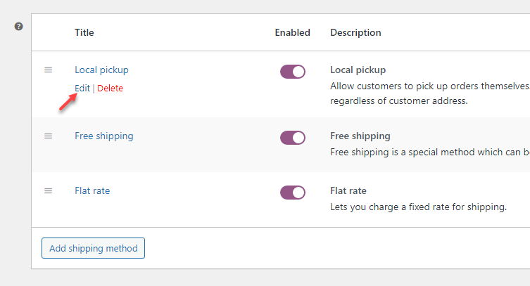 Editing a Local pickup shipping method