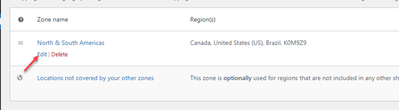 Editing a shipping zone for classes