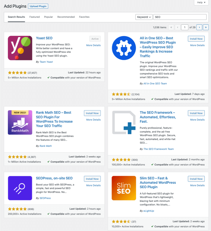 SEO Plugins in the WordPress repository