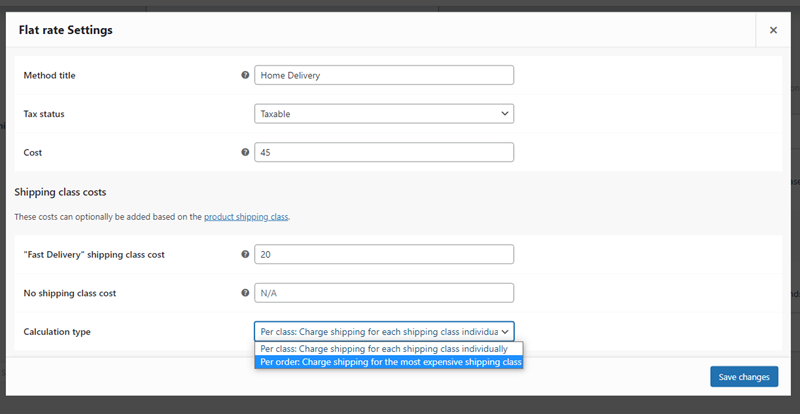 Shipping options in the flat rate method