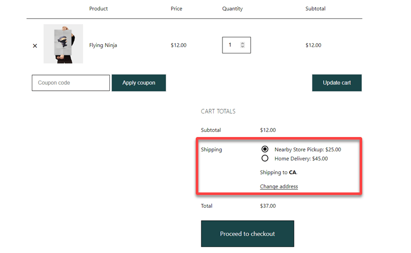 Shipping options on the cart page