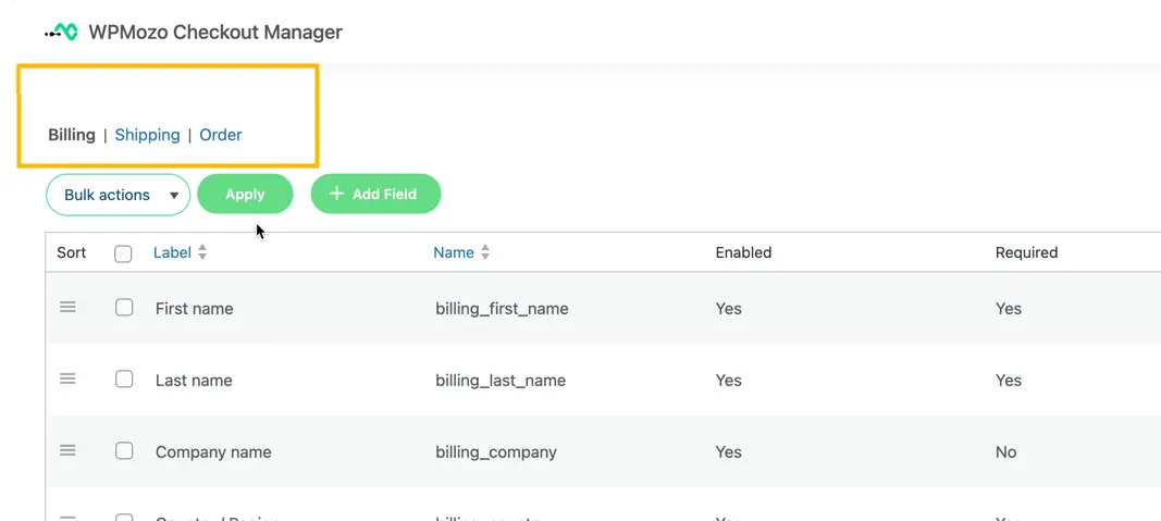 billing shipping order field option for checkout page 