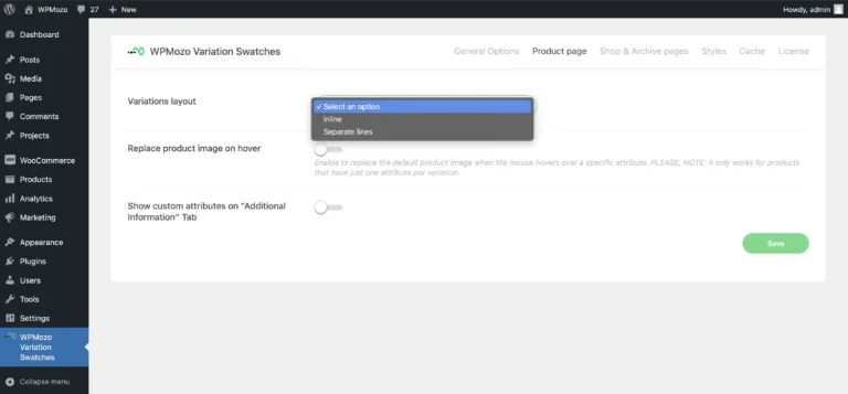 WPMozo variation swatches for WooCommerce