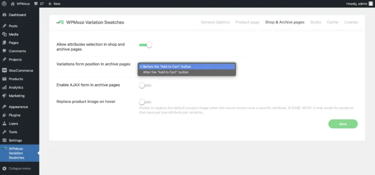 WPMozo variation swatches for WooCommerce