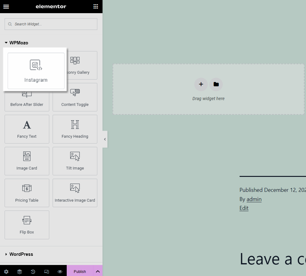 Add WPMozo Instagram feed to Elementor 