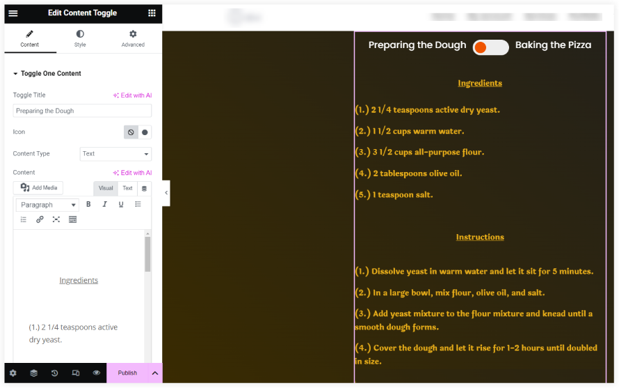 Settings to display tutorial using Elementor Content Toggle