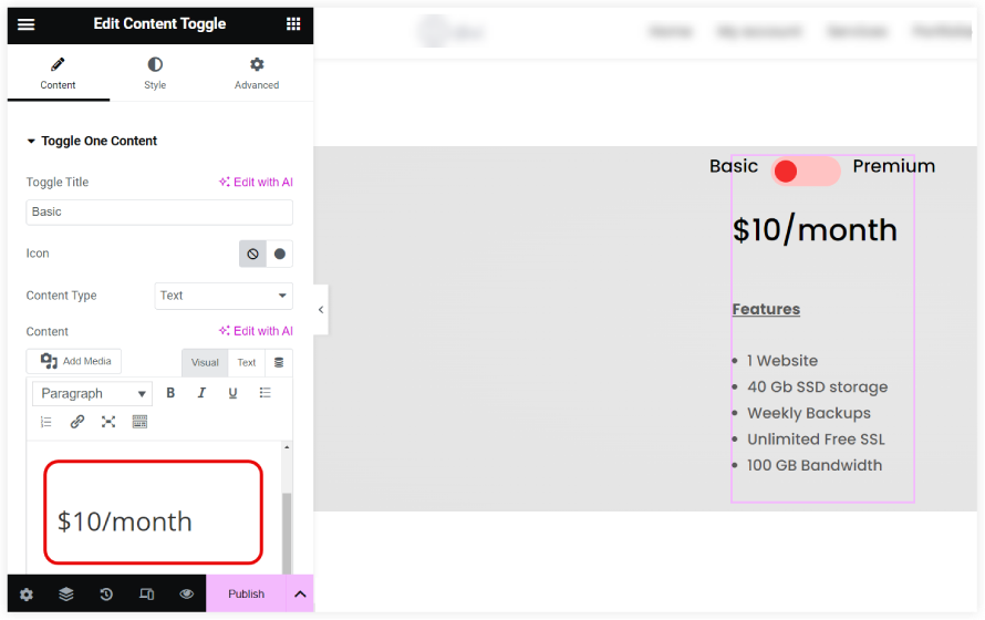 Configure Elementor Content toggle for pricing