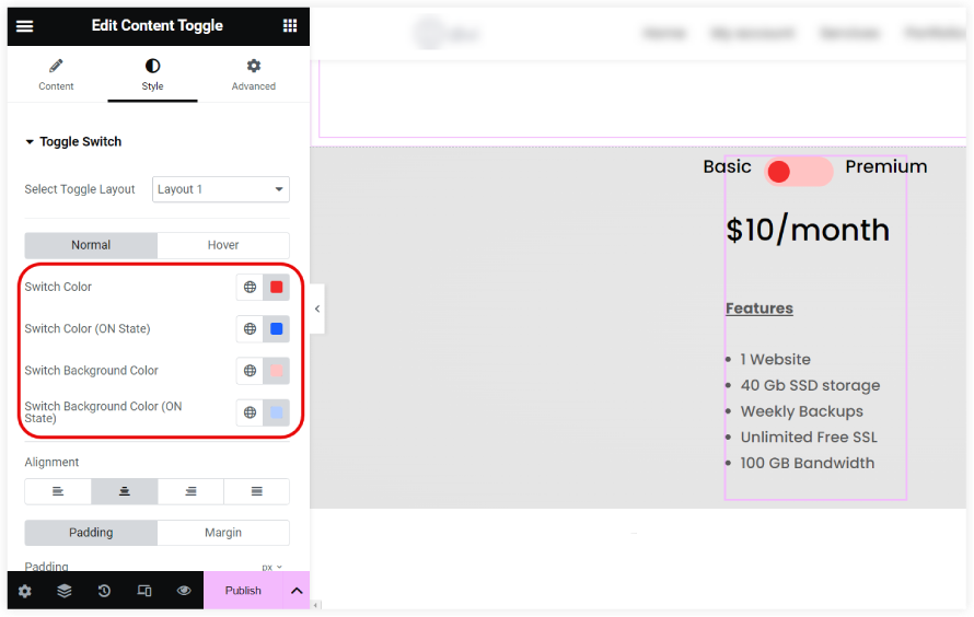 Elementor Content toggle pricing table settings