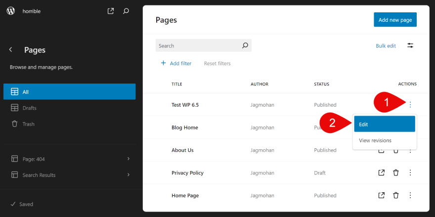 Edit pages through site editor in WordPress 6.5