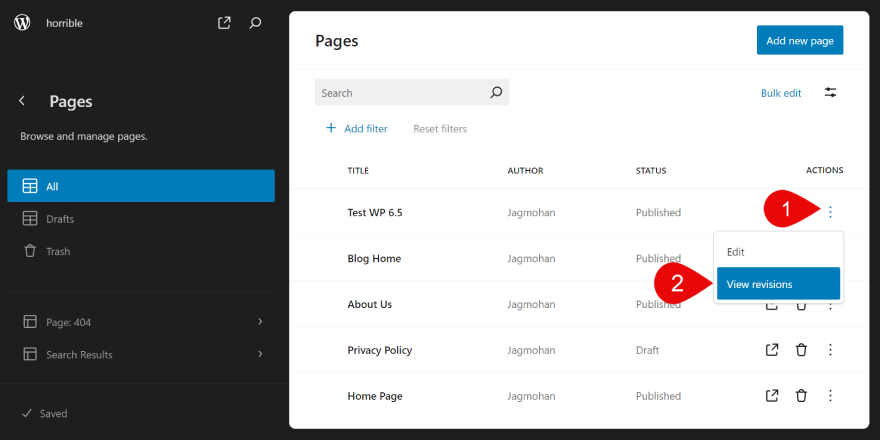 View revisions in WordPress site editor