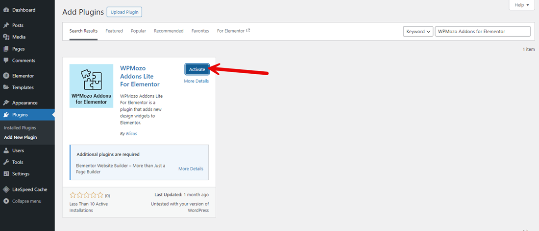 Activating the WPMozo Addons Lite Plugin for Elementor