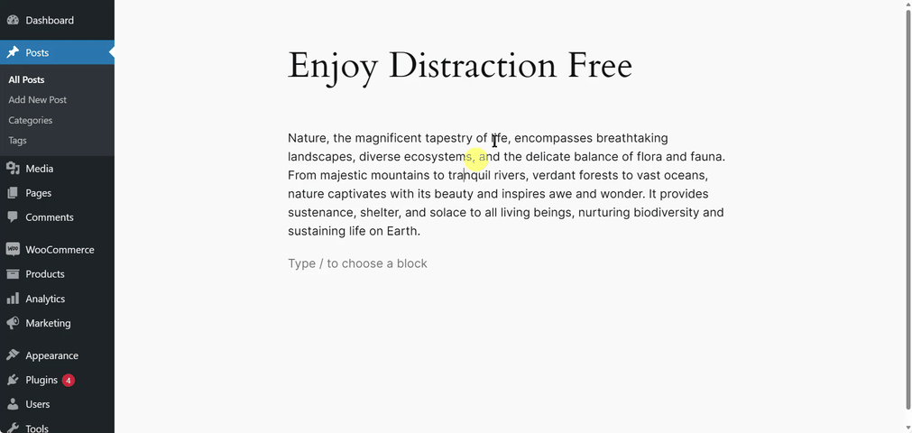 Distraction Free mode in Gutenberg
