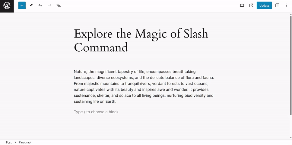 Slash Command hidden feature in Gutenberg