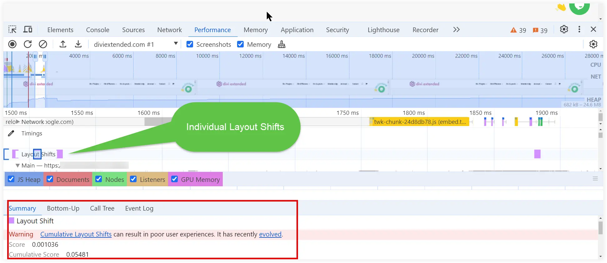 View CLS information in developer tools