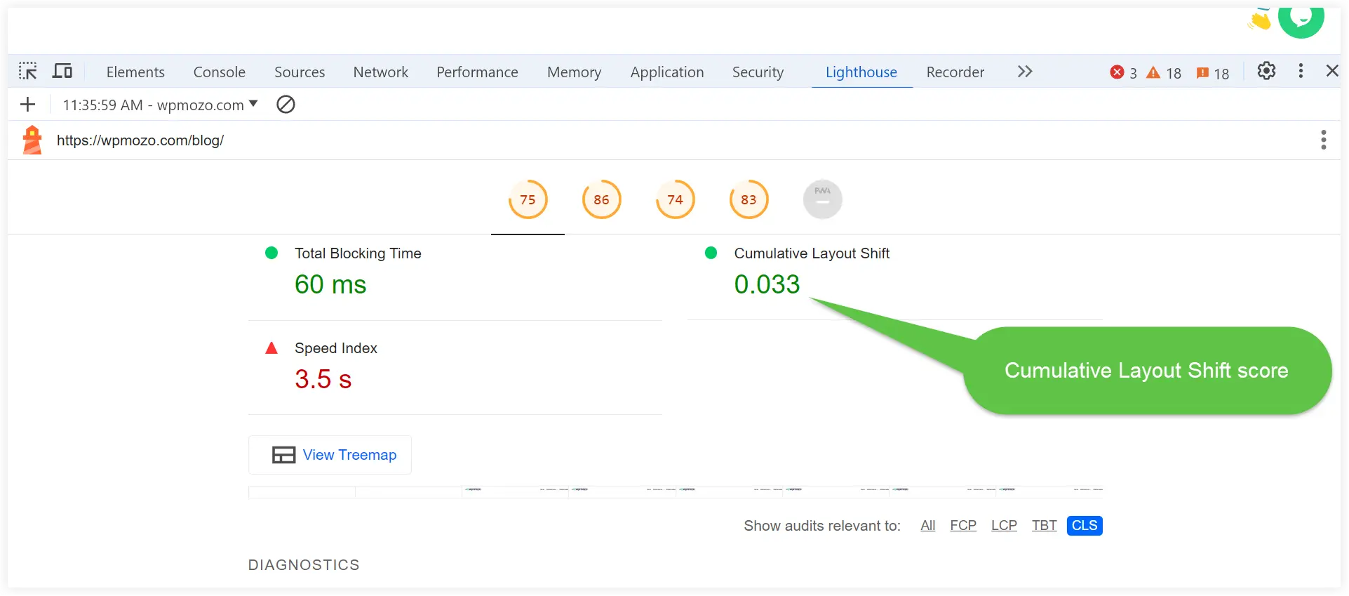 View CLS score in developer tools