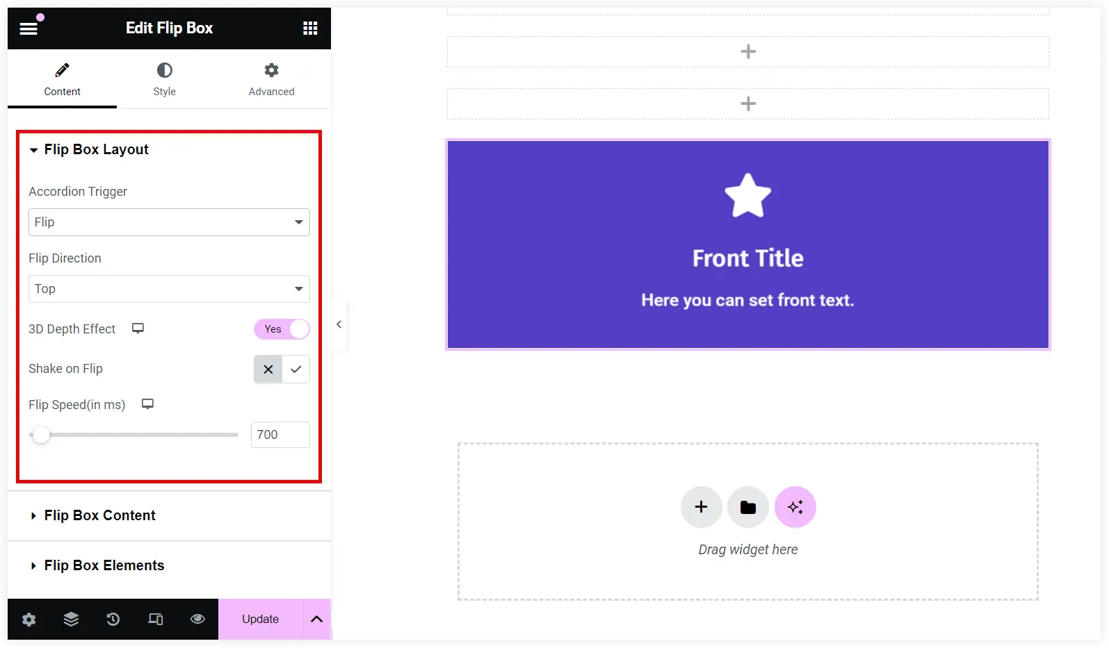 Animation settings in Elementor Flipbox