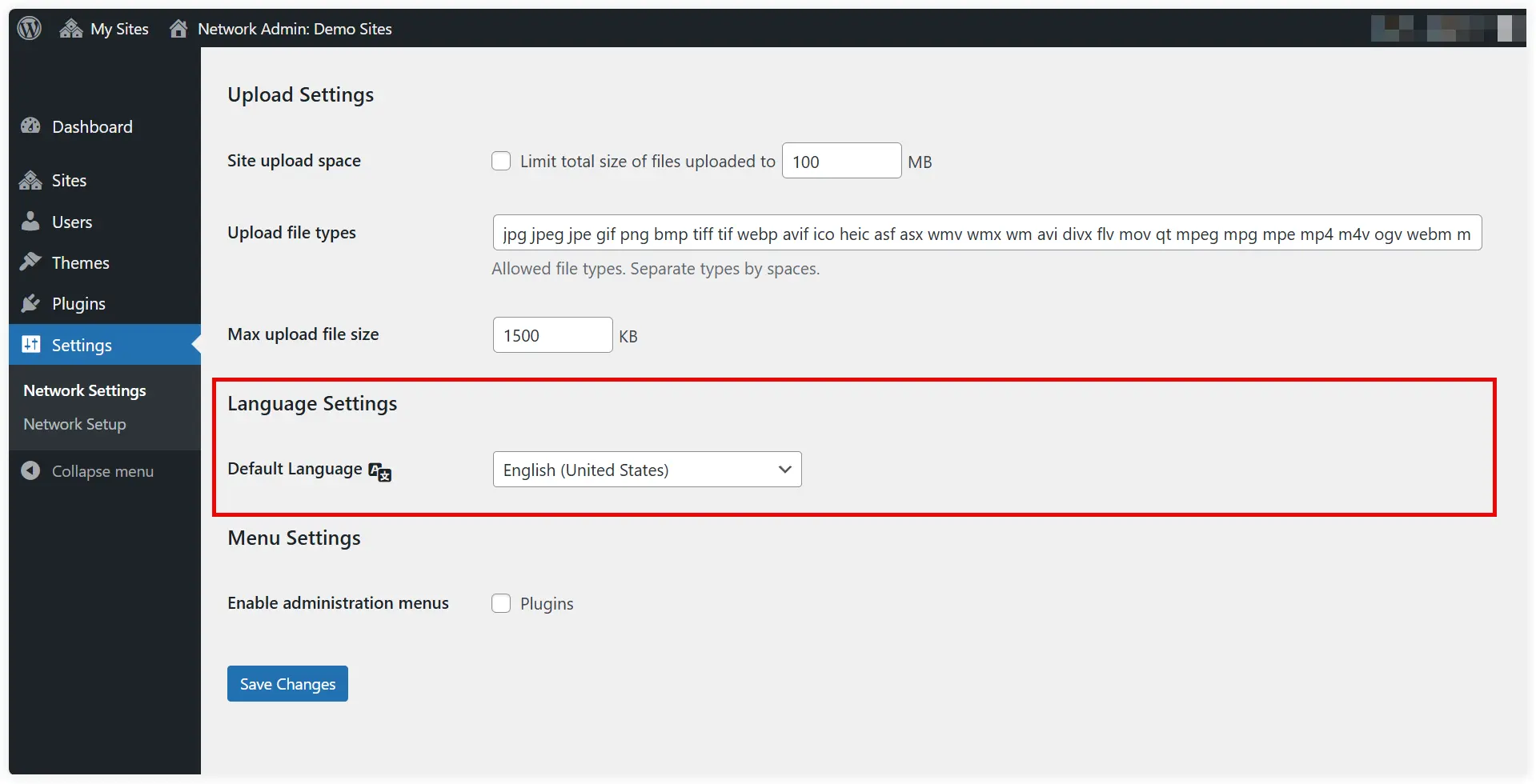 WordPress multisite language settings