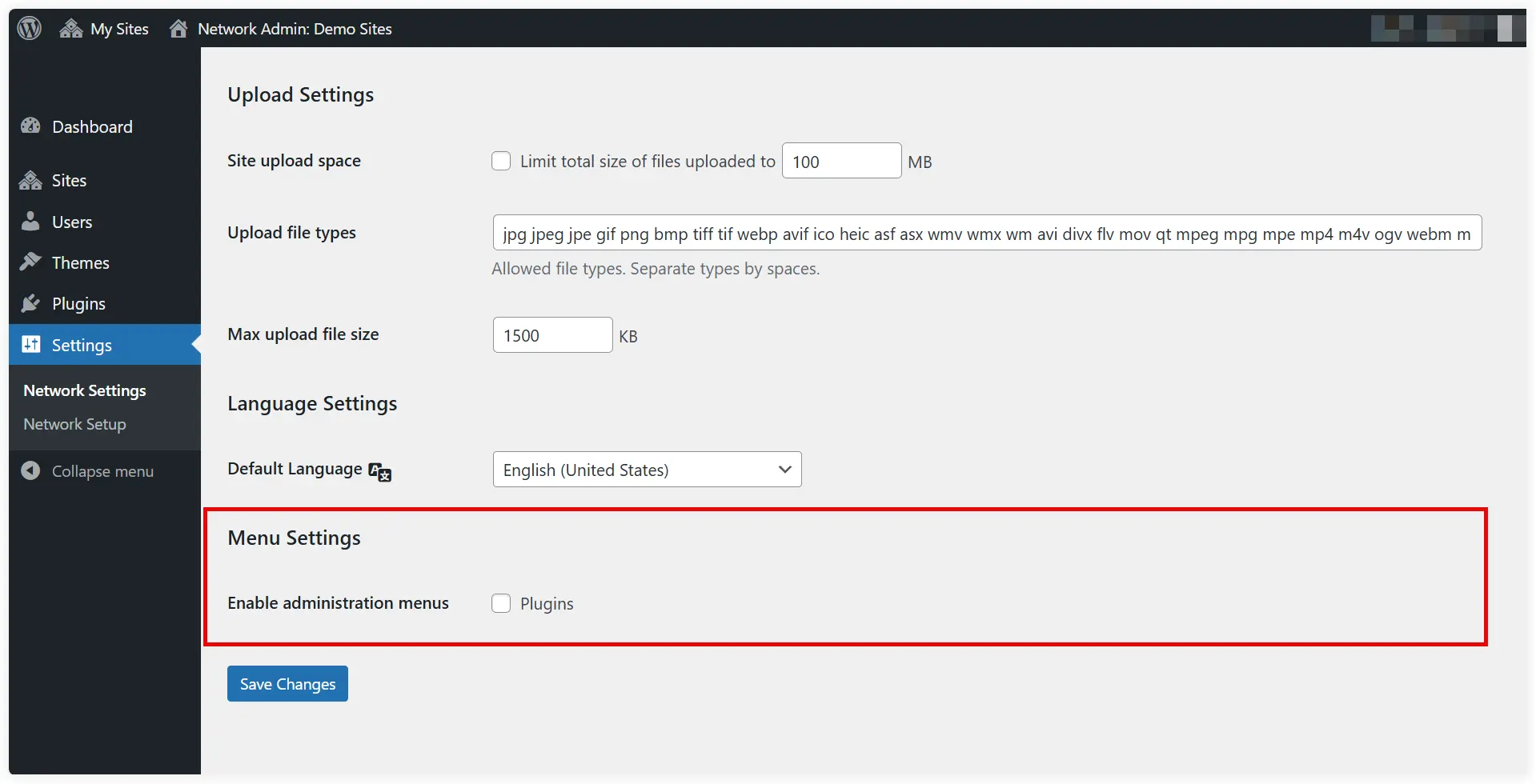 WordPress multisite menu settings