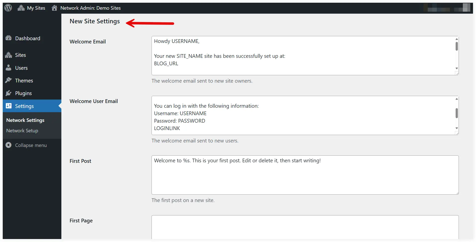 WordPress multisite new site settings