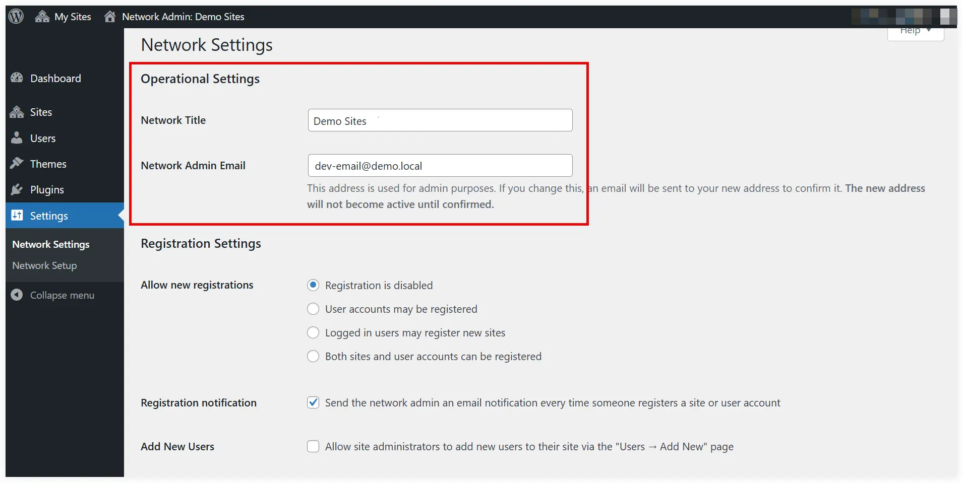 WordPress multisite operational settings