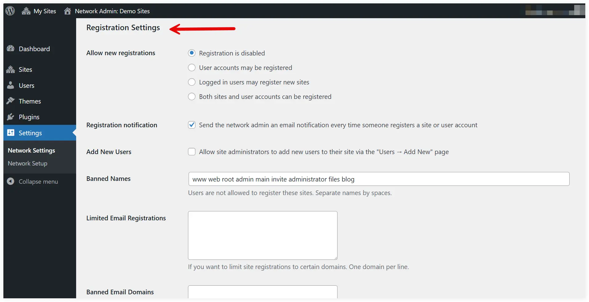 WordPress multisite registration settings