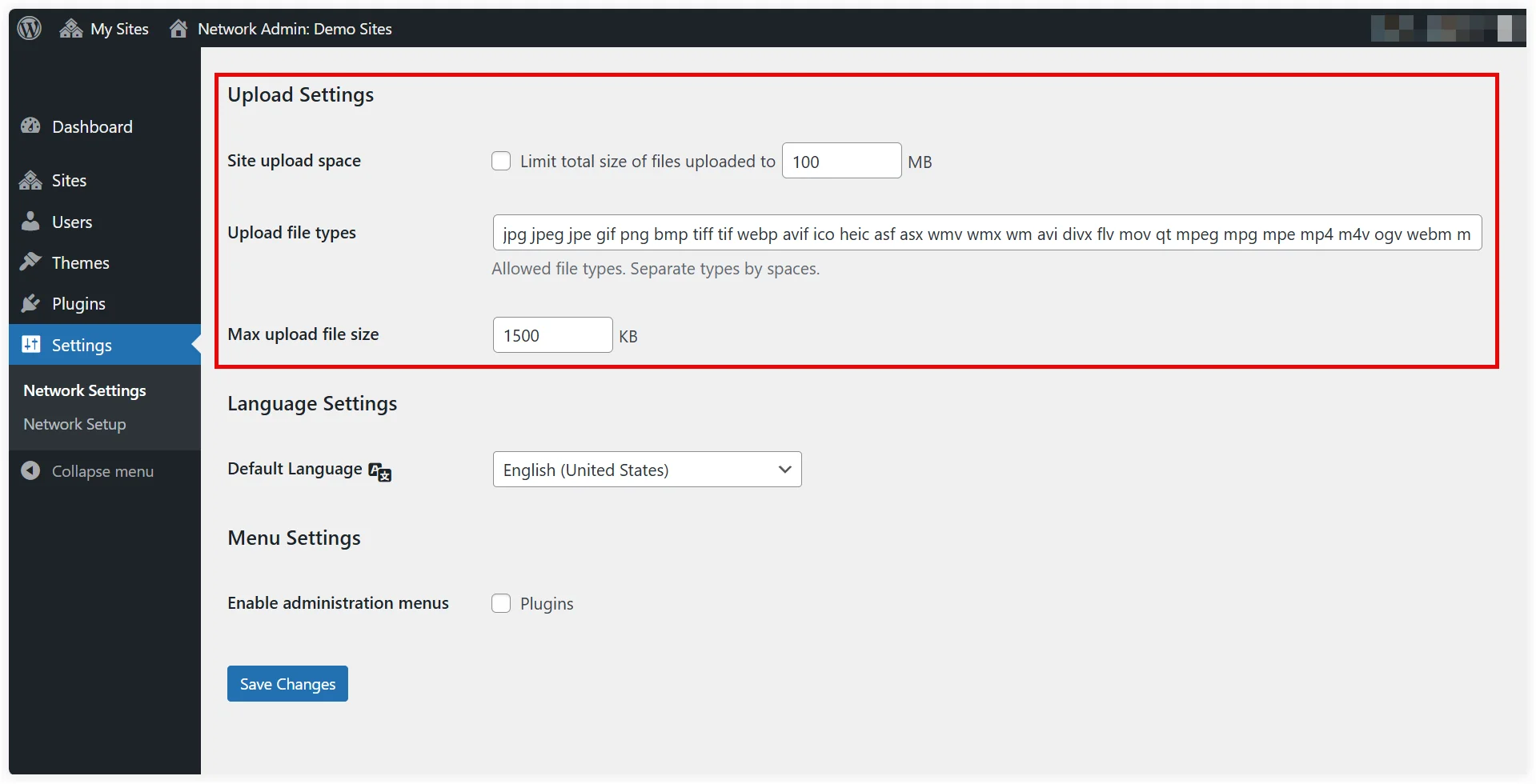 WordPress multisite upload settings