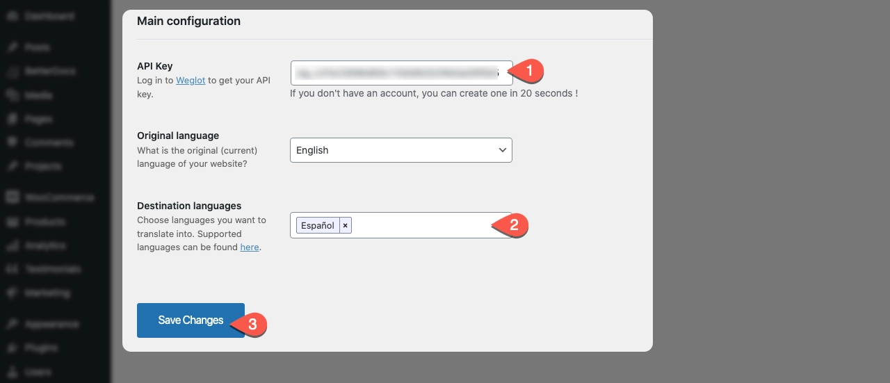 Entering Weglot API key