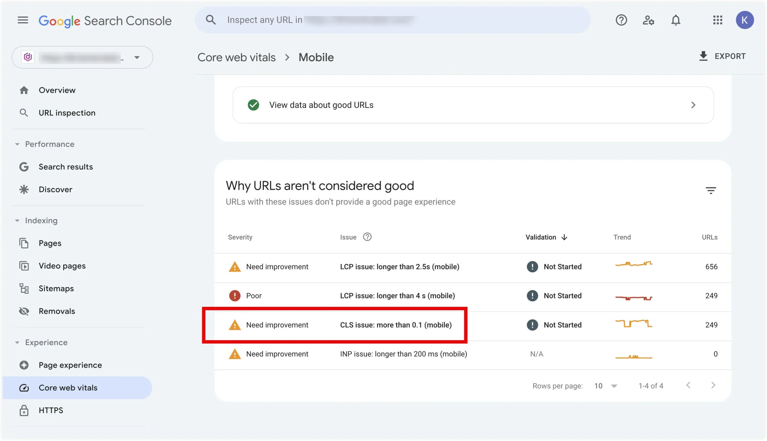 View list of CLS issues in search console