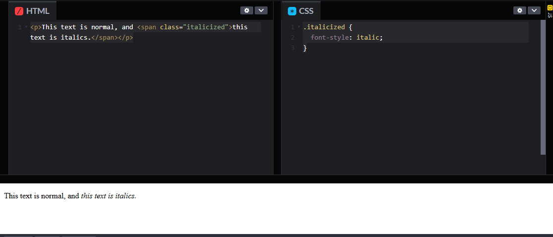 Example of text italics in HTML with CSS