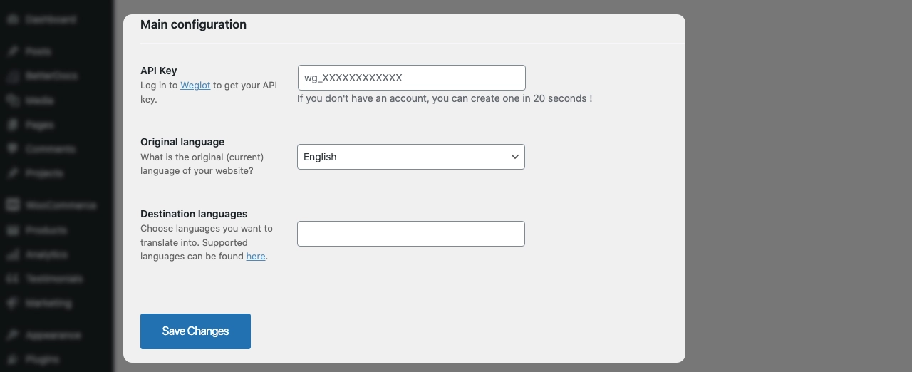 Weglot main configuration window