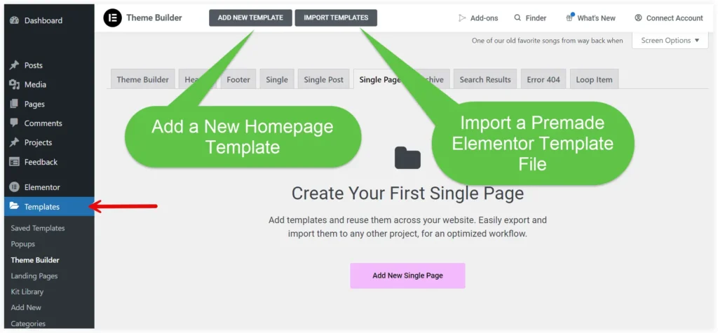 Add Import Elementor homepage template