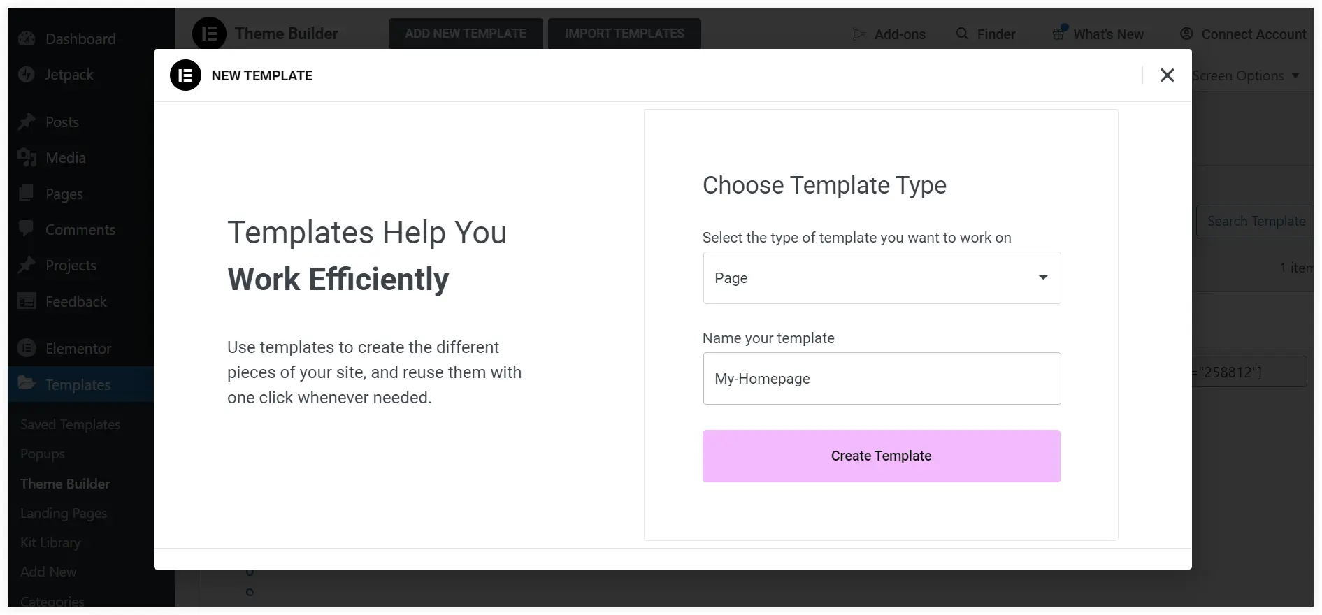 Choose Elementor homepage template