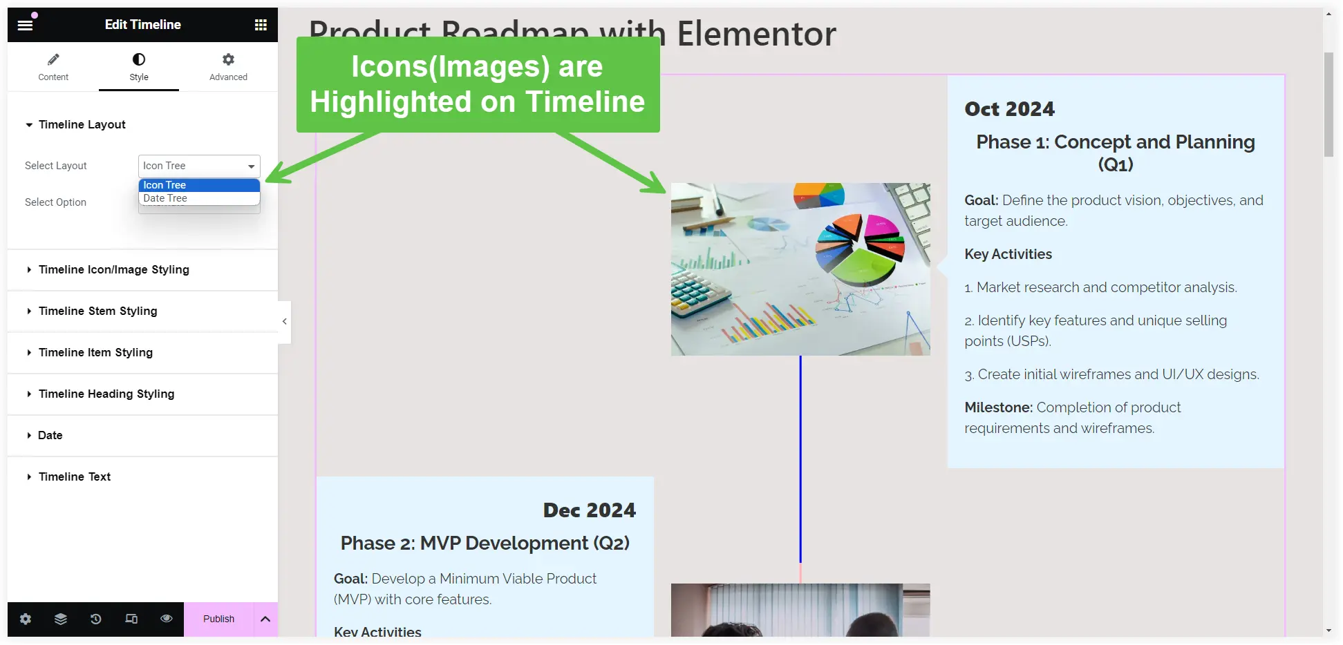 Icon tree layout for product roadmap timeline 